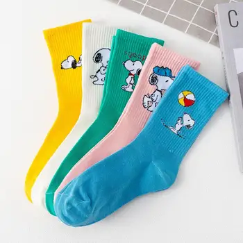 5 чифта чорапи Kawaii, многоцветни високи чорапи с анимационни Снупи, сладки и забавни чорапи-тръбички, коледен подарък във формата на сърце за момичета