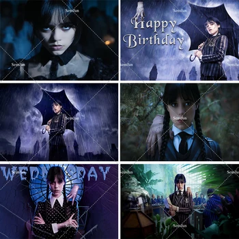 7 варианти на фона на Wednesday Addams, на фона на заснемането на детски рожден ден, плакат телевизионно шоу, подпори за фотобудки от винил и полиестер