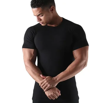 B1521 Мъжки черна однотонная в памучна тениска с къс ръкав за спортни зали, фитнес, бодибилдинг, тренировъчни тениски, мъжки летни ежедневни тънки тениски