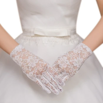 E15E Дамски къси ръкавици с флорална дантела, бели, дълги до китката, в пълен пръст, Обикновена, сватба, годината на Реколтата, Възли на една кука, Слънчеви ръкавици без пръсти