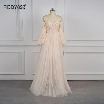 Fiddy898 Сватбена рокля с открити рамене, расшитое мъниста, дантелени сватбени рокли трапецовидна форма от тюлевой тъкан QW01368
