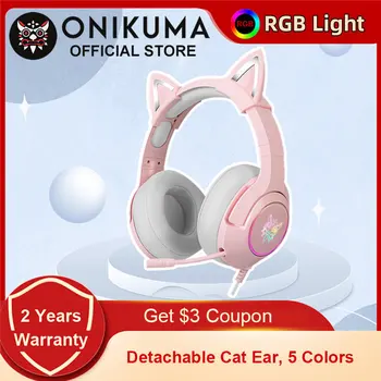 ONIKUMA K9 Розови слушалки с кошачьими уши led RGB, гъвкава детска слушалки с микрофон, компютърни слушалки за PC геймърите