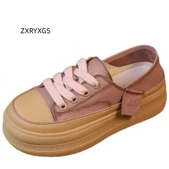 ZXRYXGS Лека Удобни Обувки На платформа, Всекидневни Обувки, Които Нарастване на Обувки 2023, Класически Маратонки от Естествена Кожа, дантела в стил Ретро, Плосък Прилив на