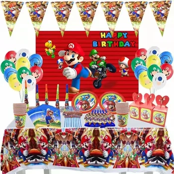 Аксесоари за партита на Super Mario Bros за Еднократна употреба Прибори Чинии, Чаши Фон Банер честит Рожден Ден, Подарък пакет Балони за Украса на тортата