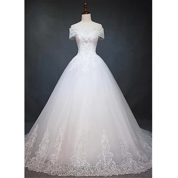Бална рокля на принцеса сватбена рокля с открити рамене, дантелени апликации, сватбени рокли с дантела отзад, сватбени рокли за младоженци