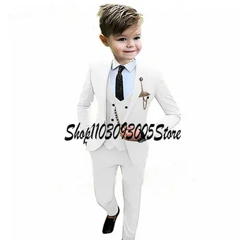 Бял сватбен костюм за момче, Детски смокинг, яке с ревера от 3 теми, Панталони, жилетка, официален детски блейзър, празничен костюм
