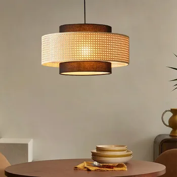 Восточноазиатский окачен лампа от ратан Съвременни творчески безшумни вятърни лампи за дневна спалня ресторант, полилеи за масата за хранене