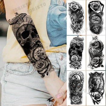 Временни татуировки на ръка с черно черепа, компас и роза, възрастни мъже, Тигър, Лъв, Ангел, фалшива татуировка, боди арт, Стираемые татуировки