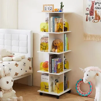 Въртящ се детски библиотеката с акрилни витринной преграда, 4-степенна малка ъглова лавица за книги за една етажерка в кукла къща