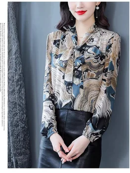 Дамски блузи за пролетно-есенната стил, ризи, дамски ежедневни блузи с дълъг ръкав и яка на врата-папийонка, блузи с принтом, върхове DF4798