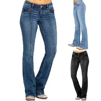 Дамски дънки от памучна смес с расклешенным подолом в стил ретро, дамски дънки с висока талия, оборудвана приятелка, жените и дълги панталони пълна дължина обикновена