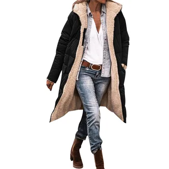 Дамски модни и ежедневни яке с цип с джобове, руното hoody с качулка, зимно двустранно плюшевое палта, връхни дрехи, найлонови чорапи, дамски зимни