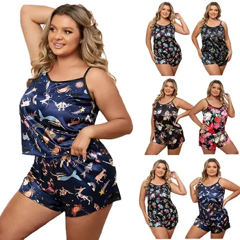 Дамски пижами голям размер 4XL, летни стягане с кръгло деколте, секси комплект дрехи за дома на тънки спагети презрамки, имитация на американския коприна