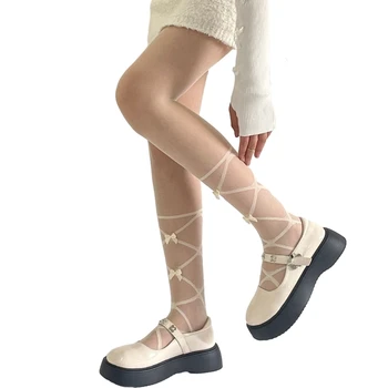 Дамски чорапи с най-високо обтягивающим секси бельо, прозрачни чорапогащи с лък