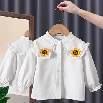 Детска блуза за момичета, яке, връхни дрехи 2023, монофонични пролетно-есенния топ, Ризи с дълги ръкави, памучен детски дрехи принцеса