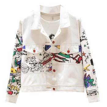 Дънкови якета с анимационни принтом графити, дамски пролет-есен 2021, модни нова бяла деним яке, дамски Корея хубава горна дреха.