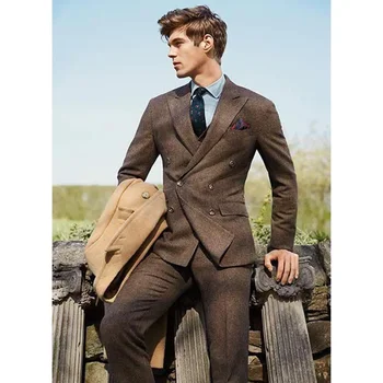 Елегантен мъжки костюм, сако, панталони, вълнени двубортный оборудвана случайни модерен дизайн, твидовые панталони, мъжки пълен комплект