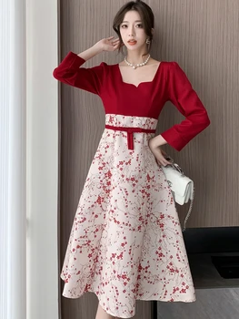 Жена Червено мозайка цвете бандажное дълга рокля, есен-зима, на Корейското дебнещ рокля с квадратна яка 2023, Елегантно луксозно нощно рокля