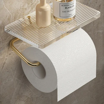 Златния държач за тоалетна хартия с рафт - стенен държач за ролка тоалетна хартия, за баня, Неръждаем Акрил и алуминиев Държач за тоалетни кърпички