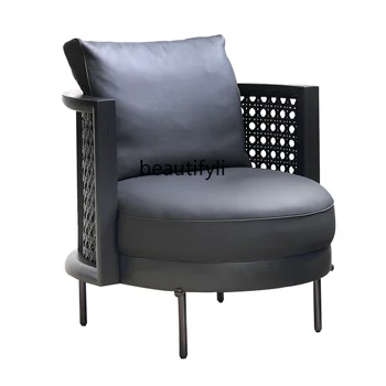 Италианско минималистичное стол за почивка от масивно дърво, естествена кожа, Черна Хол, спалня, ратан, ясен, Единичен разтегателен диван и фотьойл