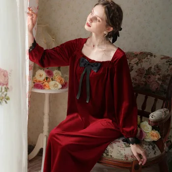Кадифе Пижама с дълъг ръкав във Френски Дворцов стил за Жени, Свободно и Топло Дълга Рокля, Есен-зима, Може да се носи като дреха