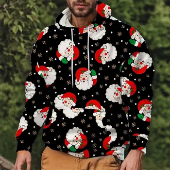 Коледна Hoody Мъжки Есен-Зима Дядо Коледа Принт Завязки С Дълъг Ръкав Блузи С Качулка Хип-Хоп Готически Пуловери Hoody