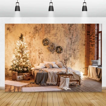 Коледни фонове, за снимки Спалня Блестяща Коледна елха, Подаръци Легло Стара циментова стена Фотофон за парти фотографско студио