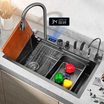 Кухненска мивка от неръждаема стомана 304, Нано-черно, Голяма Единична купа, Водопадный кран, Дренаж от лявата страна