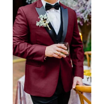 Мъжки костюм, 3 предмет, Бордо С черно ревера, бизнес Случайни приятелка, сватбен комплект за младоженеца и банкет, яке, жилетка и панталони