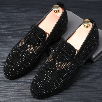 Мъжки модельная обувки Man 2023, Нова Мода Официална обувки, Мъжки Брандираната Кожени облекла, обувки за костюм с диаманти, Сватбени мъжки обувки