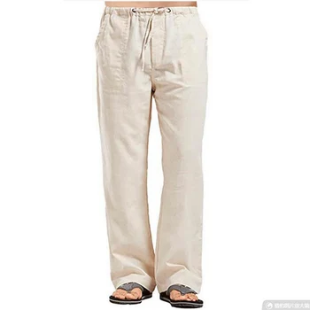 Мъжки памучни ленени панталони Летни Обикновена Дишащи ленени панталони Мъжки ежедневни панталони за фитнес с еластичен ластик на талията Мъжки панталони