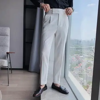 Мъжки панталони Реколта мъжки костюмные панталони с висока талия, плътно прилепнали панталони в бизнес стил от мека дишаща материя с класически джобове