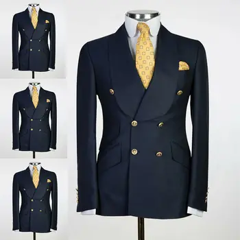 Мъжки тъмно син двубортный сако, палто с метални копчета, бизнес официалното сако, шал, наметало на поръчка, палта, 1 бр.