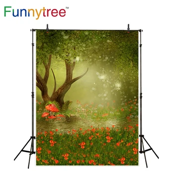 На фона на магически гори с пайети Funnytree за фото студио, дърво, цветя, гъби, река, фон за една фотосесия, една снимка с принтом