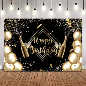 На черен фон честит рожден Ден, Златни балони, честит Рожден Ден, темата с блясък шампанско, украса за парти по случай рожден Ден, Портретна подпори