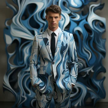 Нов мъжки брючный костюм Blue Flame, мъжки костюм за 3D дигитален печат, партия, сцена, нощен клуб, блестящ готин костюм за изяви