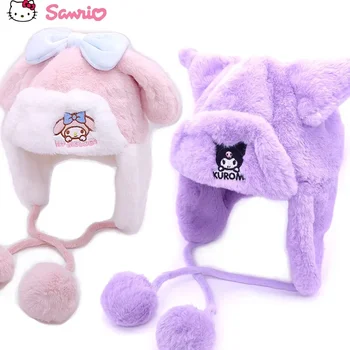Нова плюшен капачка Kawaii Sanrio Kuromi My Melody Hello Kitty, зимна детска шапка с хубав анимационни фигура, дебел плюш, топло защита на ушите и ветрозащита