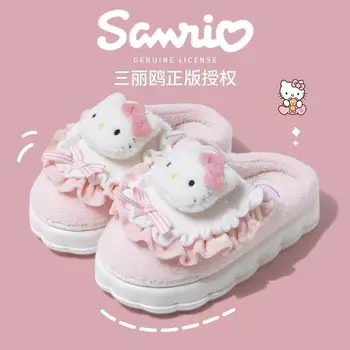 Памучни чехли Sanrio HelloKitty за домашна употреба през зимата на мека противоплъзгаща подметка Плюс удебелена кадифе и топла плюшен обувки