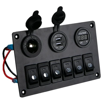 Панел превключвател за 6 групи с led цифров вольтметром 12V-24V, Зарядно с два USB конектори за запалката за камион, АВТОБУС, лодка, suv