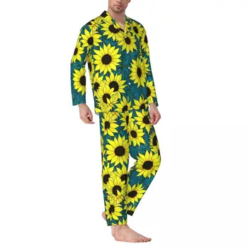 Пижами за Мъже принтом слънчоглед, нощна пижама с жълти цветя, 2 предмета, без пижамный комплект, Мека домашен костюм голям размер с дълъг ръкав