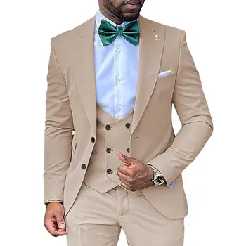 Приталенные модерен мъжки костюми от 3 теми, официален бизнес смокинг за господа, блейзър за младоженеца + панталони + жилетка