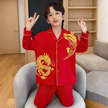 Пролетно-есенен детски пижамный комплект с с анимационни модел, свободни и удобни червени панталони с дълъг ръкав, детски дрехи за почивка