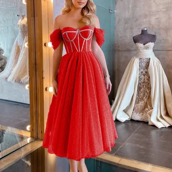 Сетчатое рокля за бала средна дължина с отворени рамене, женски винтажное рокля за гостите на сватбата, Vestidos, секси вечерна рокля