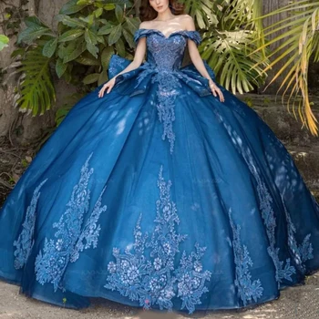 Сините лъскави сладки 16 буйни рокли с дантела аппликацией от пайеток, бална рокля с открити рамене, Vestido De 15 Anos дантела
