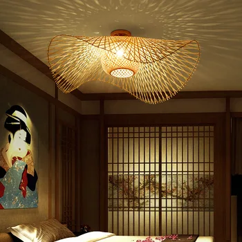 Тавана лампа в японски стил, бамбук лампа от ратан E27 за дневна, ресторант, аксесоари за дома, осветителни тела за хранене на закрито