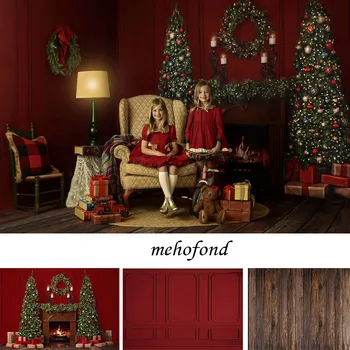Фон за снимки Mehofond Зимата Червено Коледа Камина Подаръци, Коледна Елха Детски Семеен портрет Декоративен фон фото студио