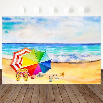 Фон за снимки на летния плаж, синьо небе и бели облаци цветен чадър, фотографски фонове за фото студио