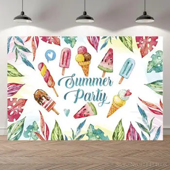 Фонове за лятна парти с тропически сладолед, честване на рождения Ден на децата, Маса за торта, на Банер, на фона на снимките