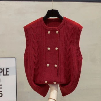 Червен 2023 Корейски есента вязаный пуловер без ръкави с V-образно деколте, жилетка, безплатен Кратък жилетка, Дамски връхни дрехи, палта от тъкани, за жени или момичета