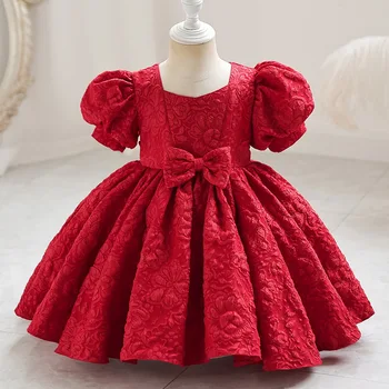 Червени рокли за новородени момичета от 1 година за рождения ден, рокля за кръщаване на новородени с пищни ръкави, Лятна сватбена рокля на принцеса за момиченца с лък
